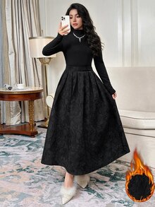 Feyla Women's Solid Color Versatile Long Sleeve Top And Jacquard Elegant Midi Skirt 2 Pieces Set - Black - View 3