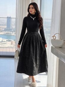 Feyla Women's Solid Color Versatile Long Sleeve Top And Jacquard Elegant Midi Skirt 2 Pieces Set - Black - View 1