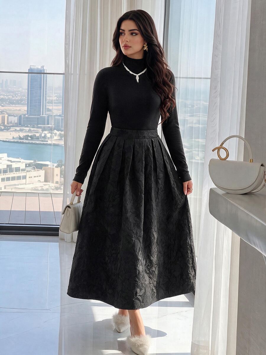 Feyla Women's Solid Color Versatile Long Sleeve Top And Jacquard Elegant Midi Skirt 2 Pieces Set - Black - View 1