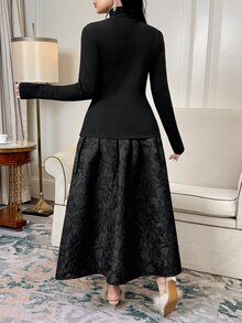 Feyla Women's Solid Color Versatile Long Sleeve Top And Jacquard Elegant Midi Skirt 2 Pieces Set - Black - View 2