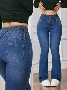 SHEIN Essnce 初秋女款鈕扣前襟超高腰鬆緊腰收腹顯高復古水洗藍梨形友好顯瘦喇叭牛仔褲 - 中等水洗藍 - 查看 1
