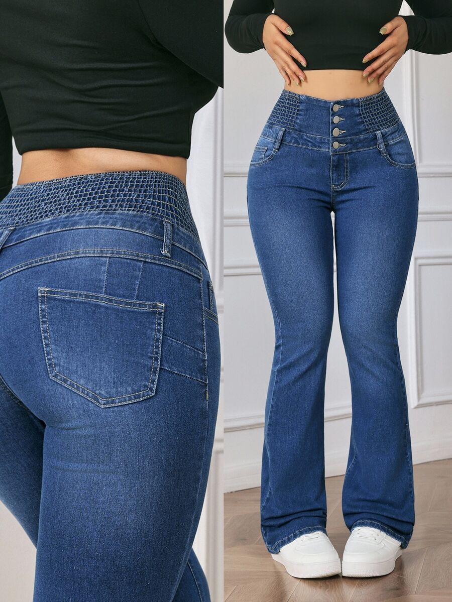 SHEIN Essnce 初秋女款鈕扣前襟超高腰鬆緊腰收腹顯高復古水洗藍梨形友好顯瘦喇叭牛仔褲 - 中等水洗藍 - 查看 1
