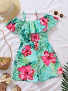 SHEIN Tween Girl Vacation Casual Cute Tropical Print Cold Shoulder Jumpsuit Beach Pink And Green Summer - Multicolor - View 3