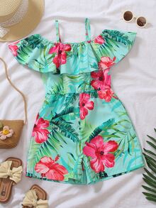 SHEIN Tween Girl Vacation Casual Cute Tropical Print Cold Shoulder Jumpsuit Beach Pink And Green Summer - Multicolor - View 4