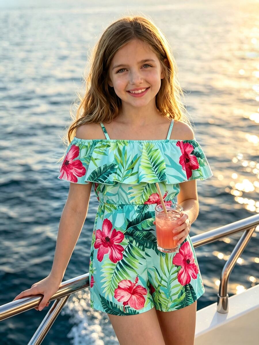 SHEIN Tween Girl Vacation Casual Cute Tropical Print Cold Shoulder Jumpsuit Beach Pink And Green Summer