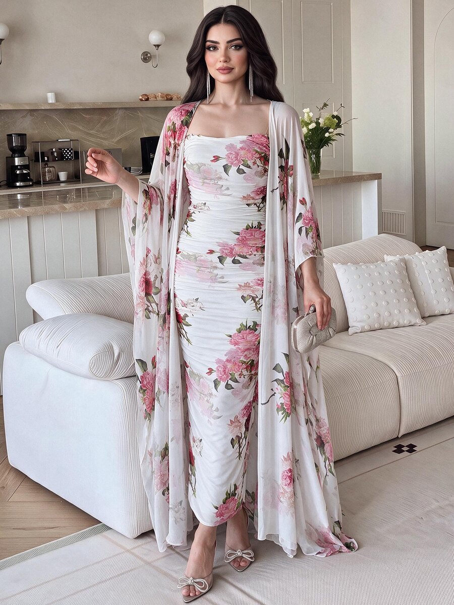Modelyn Floral Print Cami Bodycon Dress & Open Front Coat Two Pieces 2 Pieces Set