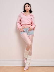 ROMWE Y2K Women's Fashion Lace-Up Design Hooded Sweatshirt Jacket, Autumn/Winter - Pink - View 6