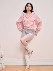 ROMWE Y2K Women's Fashion Lace-Up Design Hooded Sweatshirt Jacket, Autumn/Winter - Pink - View 2
