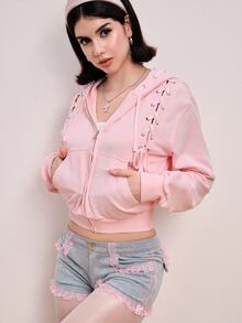 ROMWE Y2K Women's Fashion Lace-Up Design Hooded Sweatshirt Jacket, Autumn/Winter - Pink - View 9
