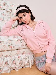 ROMWE Y2K Women's Fashion Lace-Up Design Hooded Sweatshirt Jacket, Autumn/Winter - Pink - View 8
