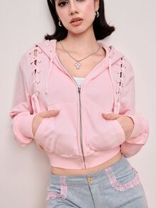 ROMWE Y2K Women's Fashion Lace-Up Design Hooded Sweatshirt Jacket, Autumn/Winter - Pink - View 7