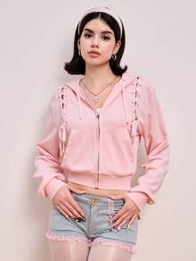 ROMWE Y2K Women's Fashion Lace-Up Design Hooded Sweatshirt Jacket, Autumn/Winter - Pink - View 4