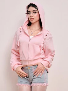 ROMWE Y2K Women's Fashion Lace-Up Design Hooded Sweatshirt Jacket, Autumn/Winter - Pink - View 5