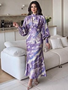 Modelyn Women Stand Collar Long Sleeve Simple Midi Casual Elegant Sequin Dress, For Daily Wear Bar Party Day Party Dinner Garden Party White Autumn - Multicolor - View 2