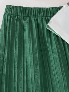 SHEIN 青少年女孩 2件組 短袖圓領花卉滿版印花T恤與高腰寬腿褲套裝，夏季 - 綠色 - 查看 6