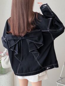 FRIFUL Women's Bow Decor Casual Versatile Denim Jacket - Black - View 2
