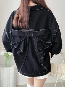FRIFUL Women's Bow Decor Casual Versatile Denim Jacket - Black - View 1