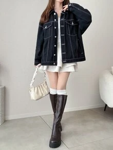 FRIFUL Women's Bow Decor Casual Versatile Denim Jacket - Black - View 6