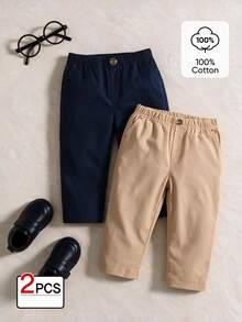 SHEIN 2pcs/Set Baby Boy Solid Color Casual Pants With Slanted Pockets And Front Buttons  Suitable For Everyday Wear Baby Trousers Chic Autumn/Winter Navy - Multicolor - View 1