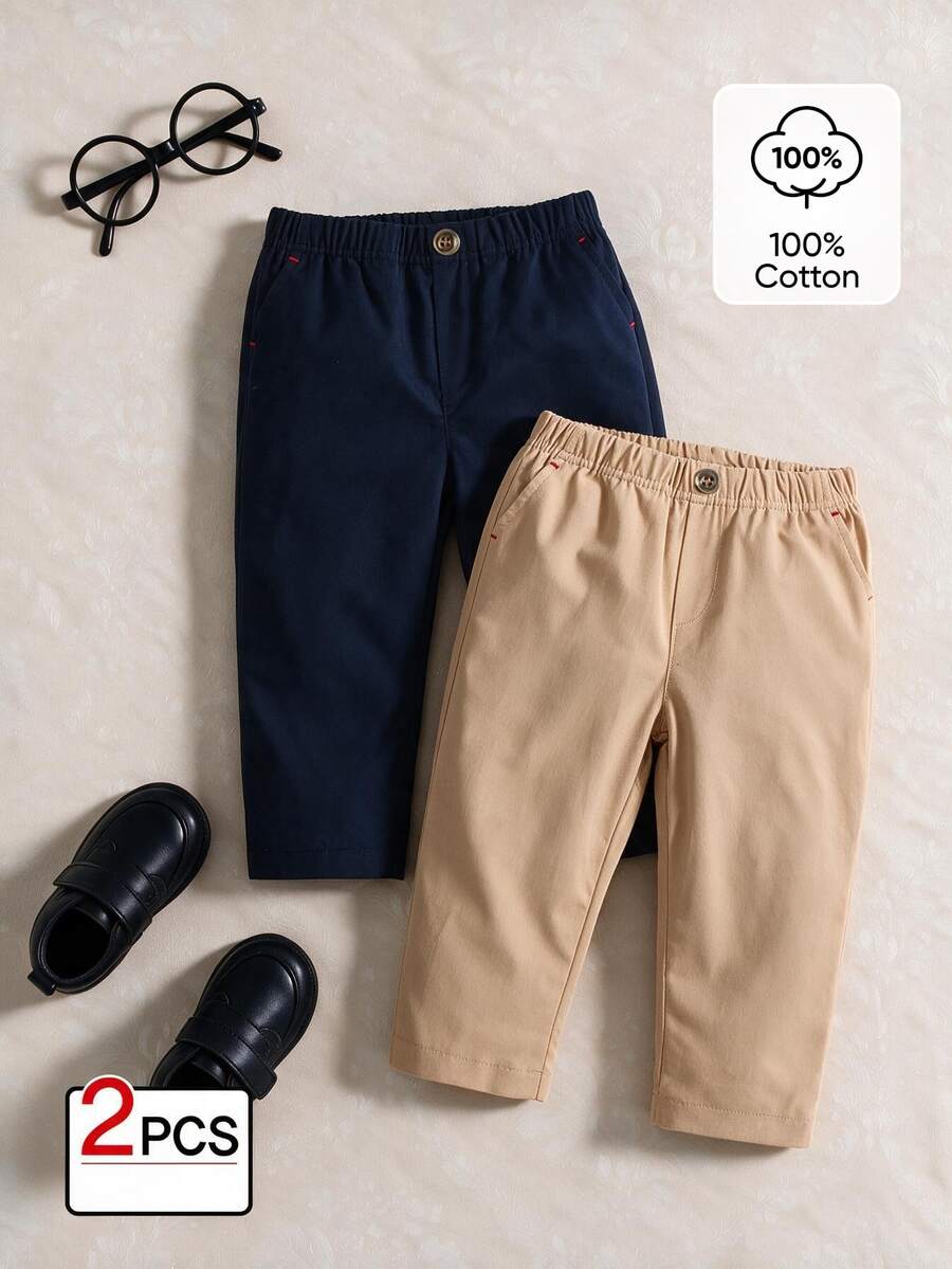 SHEIN 2pcs/Set Baby Boy Solid Color Casual Pants With Slanted Pockets And Front Buttons  Suitable For Everyday Wear Baby Trousers Chic Autumn/Winter Navy - Multicolor - View 1