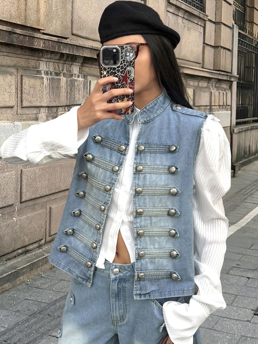 StreetHx Fashion Street Style Rivet Button Denim Jacket - Light Wash - View 1