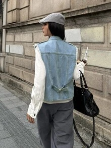StreetHx Fashion Street Style Rivet Button Denim Jacket - Light Wash - View 3