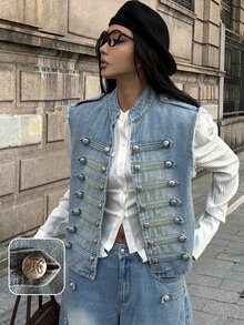 StreetHx Fashion Street Style Rivet Button Denim Jacket - Light Wash - View 1