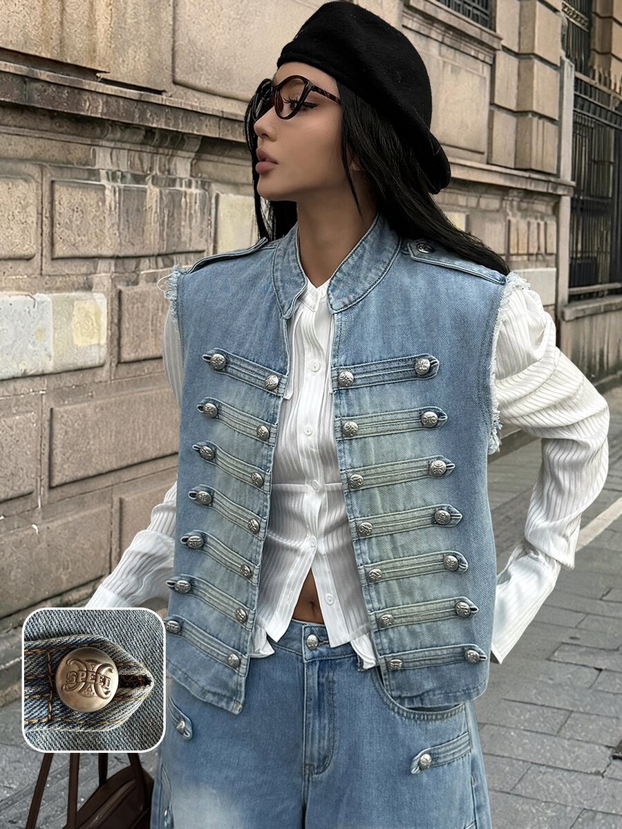 StreetHx Fashion Street Style Rivet Button Denim Jacket - Light Wash - View 1