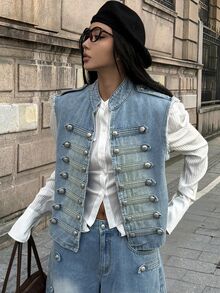 StreetHx Fashion Street Style Rivet Button Denim Jacket - Light Wash - View 2