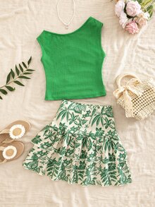 SHEIN Teen Girls 2pcs Summer Outfits Casual Cute Katseye Ruched Knit Vest Top Tropical Floral Printed Ruffle Cake Skirt Holiday Set Beach Party White - Green - View 3