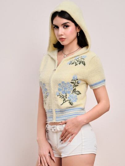 Sweetness Sweet Romantic Casual Y2k Cute Pale Yellow Floral Jacquard Short Sleeve Cropped Hooded Cardigan For Women Everyday School Brunch Tea Party