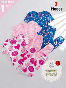 SHEIN Blind Box Random 3-In-1 Set Tween Girl Knit Spring/Summer Short Sleeve Long Pants Round Neck Simple English Creative Red Lips Star Magic Wand Fun Digital Print Pattern Slim Fit Comfortable Soft Skin-Friendly Random Floral Print 2 Pieces Top And Bottom Combination Set Pajamas Homewear - Multicolor - View 2