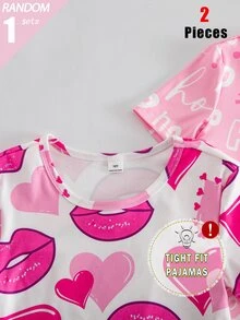 SHEIN Blind Box Random 3-In-1 Set Tween Girl Knit Spring/Summer Short Sleeve Long Pants Round Neck Simple English Creative Red Lips Star Magic Wand Fun Digital Print Pattern Slim Fit Comfortable Soft Skin-Friendly Random Floral Print 2 Pieces Top And Bottom Combination Set Pajamas Homewear - Multicolor - View 6