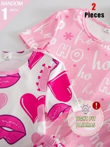 SHEIN Blind Box Random 3-In-1 Set Tween Girl Knit Spring/Summer Short Sleeve Long Pants Round Neck Simple English Creative Red Lips Star Magic Wand Fun Digital Print Pattern Slim Fit Comfortable Soft Skin-Friendly Random Floral Print 2 Pieces Top And Bottom Combination Set Pajamas Homewear - Multicolor - View 7