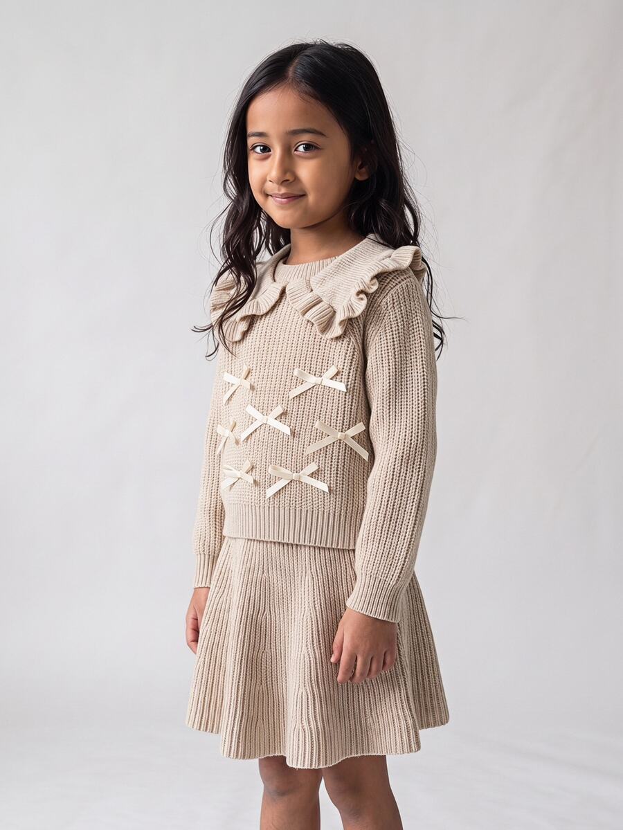 Maija Kids Maija Kids 女童蝴蝶結裝飾長袖上衣與裙子針織套裝 - 卡其色 - 查看 1