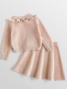 Maija Kids Maija Kids 女童蝴蝶結裝飾長袖上衣與裙子針織套裝 - 卡其色 - 查看 4