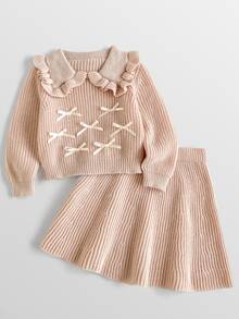 Maija Kids Maija Kids 女童蝴蝶結裝飾長袖上衣與裙子針織套裝 - 卡其色 - 查看 3