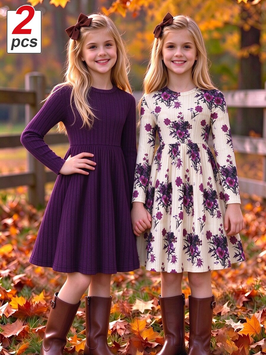 SHEIN Christmas Party Dress Tween Girl 2pcs Solid Brown And Cream Flared Dress, Elegant Contrast - Multicolor - View 1