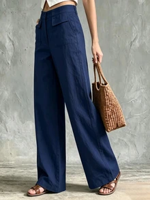 Zayélia Women's Autumn/Winter New Casual Pants Solid Color Loose Fit Wide Leg Long Pants - Navy Blue - View 5