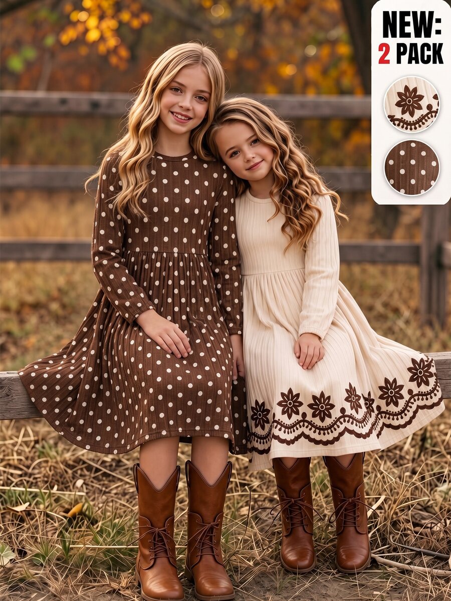SHEIN Tween Girls 2-Pack Long Sleeve Fall Dresses Family Matching Cute Polka Dot Floral Border Print Ribbed A-Line Thanksgiving Photoshoot Party Beige - Multicolor - View 1