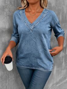 EMERY ROSE Olive Green V-Neck Long Sleeve T-Shirt, Plus Size Fall - Multicolor - View 3