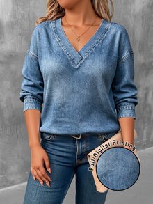 EMERY ROSE Olive Green V-Neck Long Sleeve T-Shirt, Plus Size Fall - Multicolor - View 1