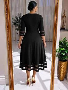 SHEIN Lady CURVE Plus Size Elegant Celestial Traditional Commuter Mesh Patchwork Dress Teachers' Day Formal Theme Party Office Cocktail Black Summer - Black - View 2