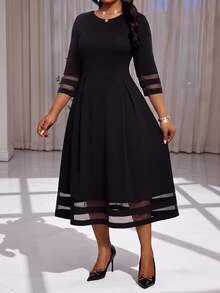 SHEIN Lady CURVE Plus Size Elegant Celestial Traditional Commuter Mesh Patchwork Dress Teachers' Day Formal Theme Party Office Cocktail Black Summer - Black - View 3