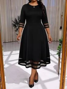 SHEIN Lady CURVE Plus Size Elegant Celestial Traditional Commuter Mesh Patchwork Dress Teachers' Day Formal Theme Party Office Cocktail Black Summer - Black - View 5