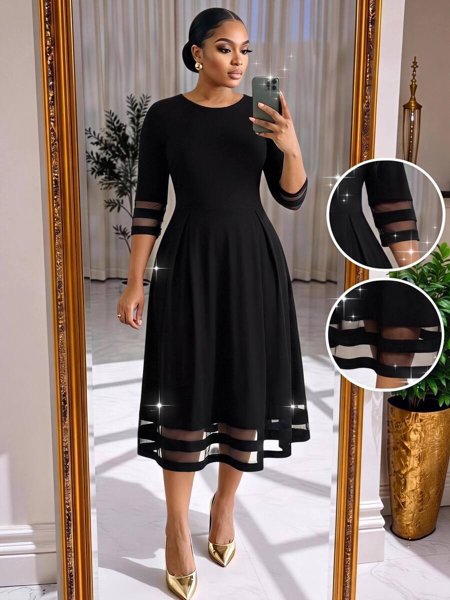 SHEIN Lady CURVE Plus Size Elegant Celestial Traditional Commuter Mesh Patchwork Dress Teachers' Day Formal Theme Party Office Cocktail Black Summer - Black - View 1