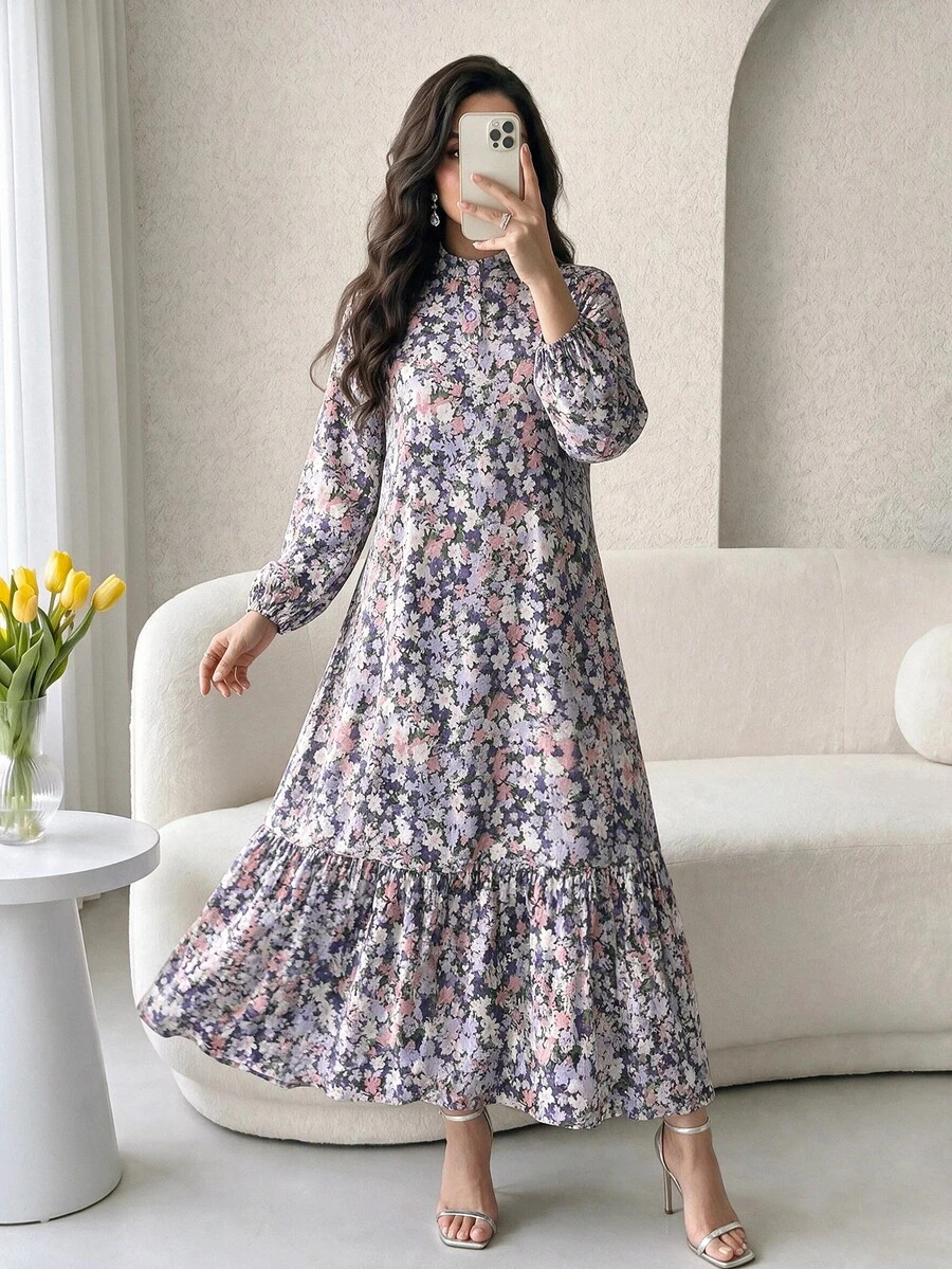 Al Najma Women's All-Over Print Pleated Casual Party Travel Arabian Dress - Multicolor - View 1
