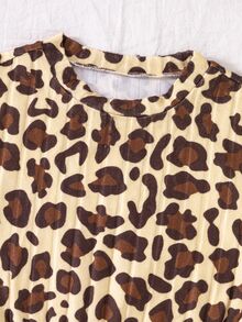 SHEIN Christmas Party Dress Young Girls 2pcs Long Sleeve Dress Set, Leopard Print & Solid Brown - Multicolor - View 9