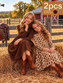 SHEIN Christmas Party Dress Young Girls 2pcs Long Sleeve Dress Set, Leopard Print & Solid Brown - Multicolor - View 3