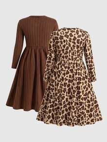 SHEIN Christmas Party Dress Young Girls 2pcs Long Sleeve Dress Set, Leopard Print & Solid Brown - Multicolor - View 2